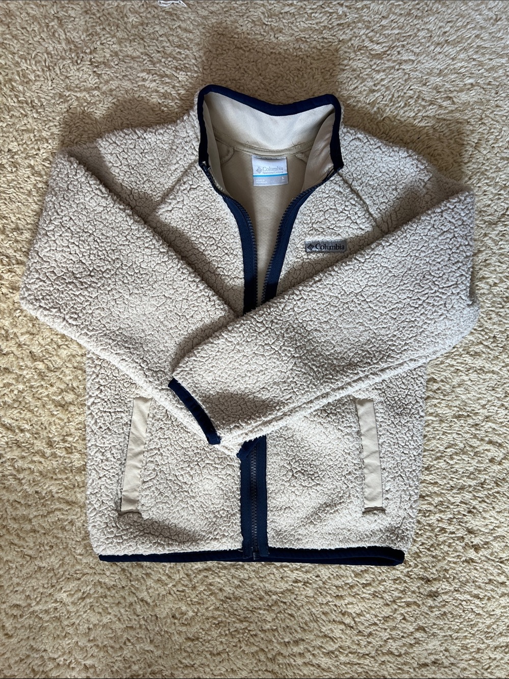 Columbia Cream Sherpa Jacket with Navy Trim - Kids